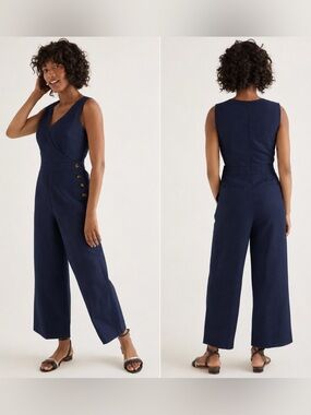 Boden Dorothea Linen Jumpsuit Size 2 Navy Blue